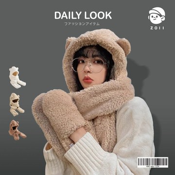 ZOII 佐壹｜小熊毛毛帽圍巾 可愛圍巾 小童圍巾 禦寒 保暖 圍巾 保暖圍巾 脖圍 披巾 賞雪必備 #322042