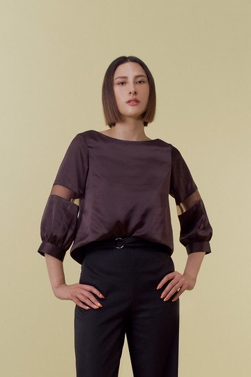 紫色緞8分袖上衣