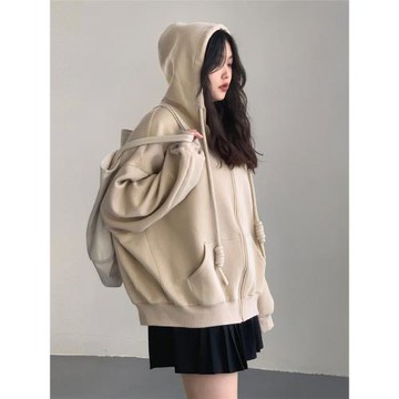 CV大碼女裝秋季街頭休閑寬松連帽粗帽繩空氣層衛衣外套顯瘦上衣女
