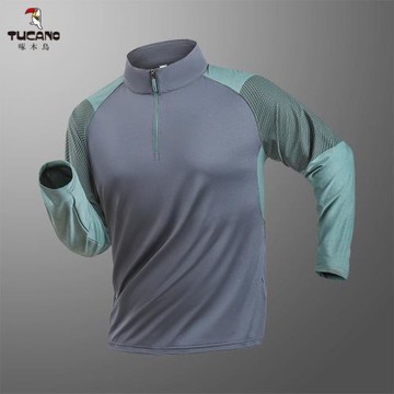 啄木鳥男士防曬彈力速干衣徒步登山運動立領長袖薄款半拉鏈上衣潮