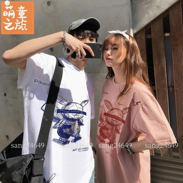 【萌童】小眾設計感情侶裝短袖T恤 日系卡通印花T 圓領T 休閒T 韓版港風寬鬆超火卡通上衣 大尺碼男裝 百搭短袖T