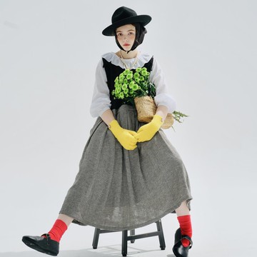 千鳥格紋拼接背心裙 / 棉麻 連身裙裙 裙子 洋裝