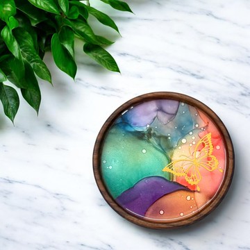 酒精墨水藝術優質胡桃木杯墊 - 蝴蝶 (D)