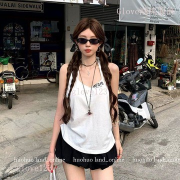 【美式復古字母印花 V領露背背心】女裝夏季新款 辣妹寬鬆顯瘦無袖上衣 上衣女 掛脖上衣 無袖 性感 辣妹 衣服 吊帶上衣