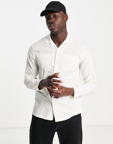 Night Addict slanted double pocket oversized fit shirt in cream-White