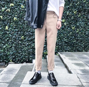 FINDSENSE品牌 時尚潮流 男 簡約 純色 鐵環裝飾 休閒褲 九分褲 小西褲