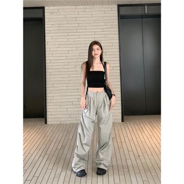 MULVAN復古美式闊腿工裝褲夏季新款寬松休閑直筒運動抽繩拖地長褲