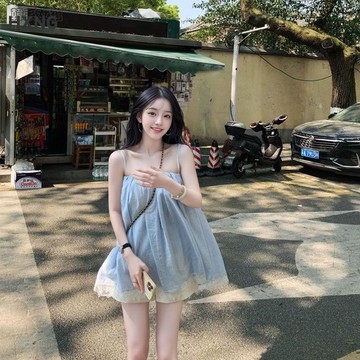 【夏季小清新 度假風】百搭時尚短裙 2026新款 韓式甜美 藍色吊帶連衣裙 吊帶洋裝 洋裝 連身裙 連衣裙 性感 短裙