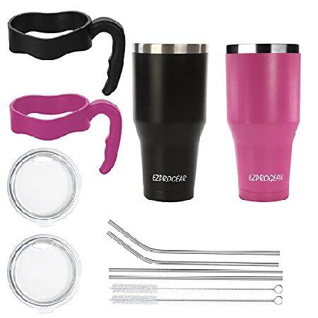 Ezprogear 40 oz Pack Stainless Steel Coffee Tumbler Double Wall Cup Vacuum Insulated Travel Mug with Handle and Straw (Black Magenta)