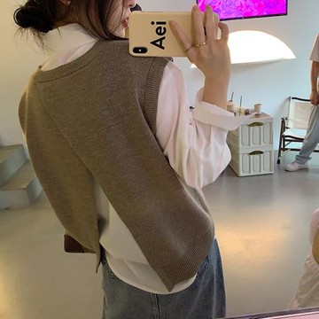 V領寬松時尚減齡后開叉針織馬甲