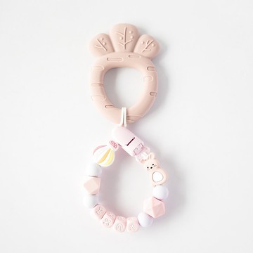 YUXI 兔子 熱氣球 珊瑚粉胡蘿蔔圈固齒器 / 客製化奶嘴鏈