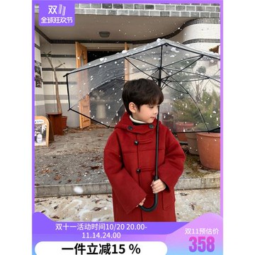 okaidi童裝冬季男童純色連帽毛呢大衣兒童洋氣呢子加厚韓版外套潮