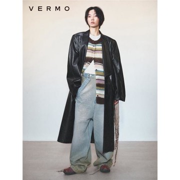 VERMO 男女同款 復古寬松墊肩翻領廓形中長款皮風衣