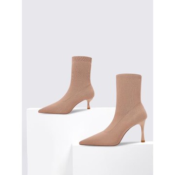 2025新款網紅裸色瘦瘦靴女高跟短靴針織春秋單靴子女尖頭襪靴細跟