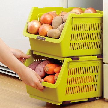 日本製造INOMATA可疊放附滑輪蔬果收納籃(芥末綠色)1入裝
