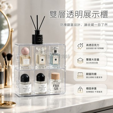 台灣出貨✨ 雙層香水收納櫃 防塵亞克力展示櫃 化妝品整理盒 梳妝台置物架 透明收納箱 桌面美觀陳列 高級感展示櫃