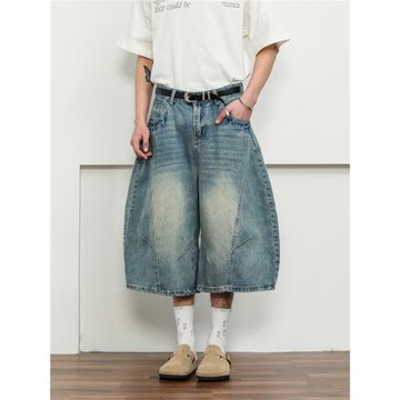 夏季美式復古解構彎刀牛仔七分短褲男女街頭痞帥寬松闊腿中褲潮