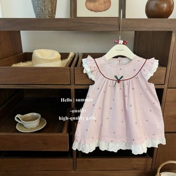 Healthy baby 新款中小童奶酪櫻桃!女寶寶可愛飛飛袖甜美A字版公主裙週歲裙 裙子 女童短袖 連衣裙