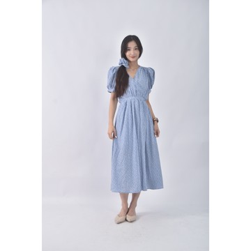 (S) chill k k碎花棉質公主袖藍色綁帶洋裝二手衣