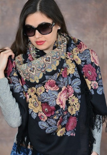 帕夫洛沃俄羅斯手工披肩，100% 羊毛圍巾，146x146 公分，羊毛流蘇，款式 353-20