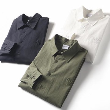 出K單！全棉水洗面料！外貿男裝秋季新款休閑純色刺繡長袖襯衫潮