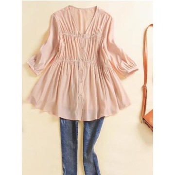 粉襯衫女夏季五分袖雪紡衫收腰顯瘦遮肚子娃娃衫喇叭袖薄款上衣