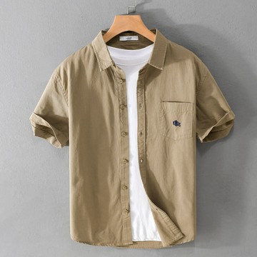男裝字母刺繡短袖襯衫男夏季新款日係複古潮流休閒百搭襯衣外套潮