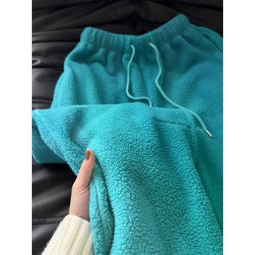 強貨閉眼入!湖藍色搖粒絨褲子女 秋冬 寬鬆保暖休閒百搭羊羔絨衛褲 家居褲 休閑衛褲 湖藍色家居褲 松緊腰保暖褲
