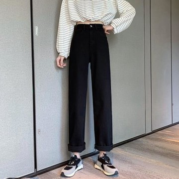 黑色chic直筒牛仔褲女秋季2025新款高腰顯瘦寬松闊腿大碼胖MM褲子