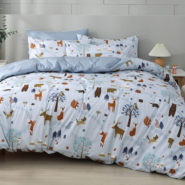 鴻宇 HongYew - 雙人特大床包枕套組 100%美國棉 精梳棉-呼嚕森林-藍