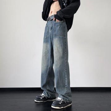 潮男衣柜高街復古牛仔褲男潮牌寬松直筒長褲休閑拖地闊腿工裝褲子