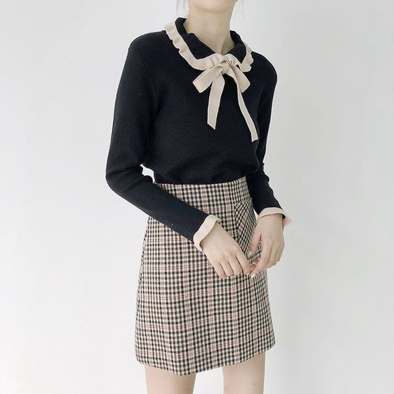 レディース 韓国ファッション ニット 首元リボン セーター フリル 細身 スリム 長袖 トップス 秋物 冬物 カジュアル オフコーデ Off コンサバ フェミニン お出 通販 Lineポイント最大0 5 Get Lineショッピング