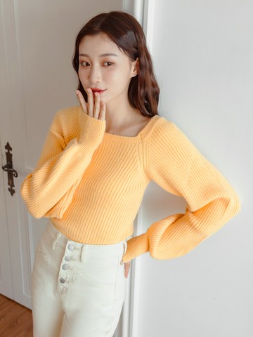 坑條公主拋袖方領合身短版細針織上衣/毛衣