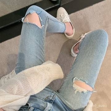 【限時特賣】牛仔褲女 牛仔長褲 高腰牛仔褲 牛仔寬褲 高腰褲 長褲女 破洞牛仔褲女小腳褲網紅新款淺色高腰百搭修身彈力九分