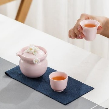 手工捏花陶瓷女士快客杯一壺二杯戶外便攜式旅行茶具套裝白色