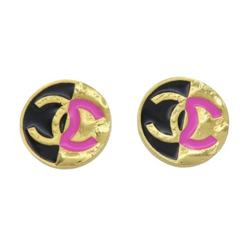 【二手名牌BRAND OFF】CHANEL 香奈兒 黑色漆面 金色鍍金 雙C 圓牌耳環