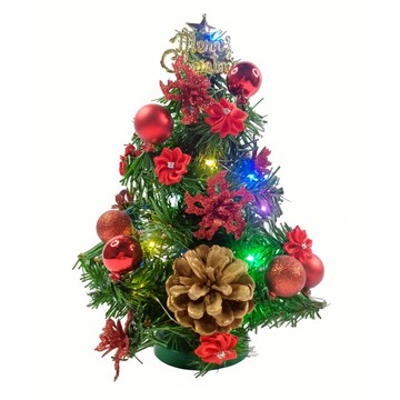 摩達客 精緻綠色聖誕樹 + 20燈LED銅線燈串彩光  聖誕花松果雙紅系  1尺(30cm)