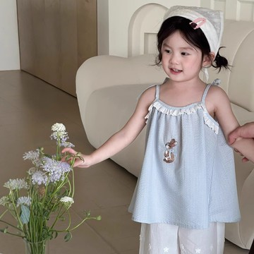 夏季新品上新  夏季新品韓版女童卡通吊帶衫兒童花邊無袖背心寶寶上衣