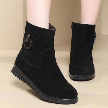 冬季雪地靴女真皮磨砂短靴中年女鞋平底防滑羊毛保暖媽媽棉鞋中筒