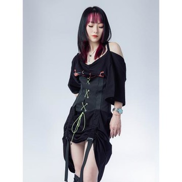 FLOAT女子ins束腰顯瘦短袖連衣裙