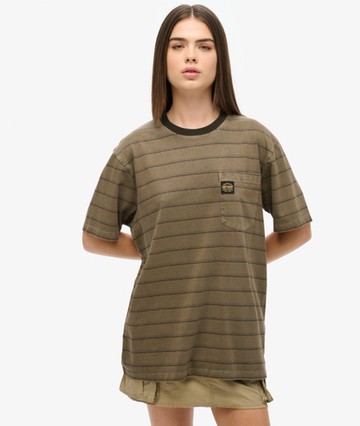Superdry Women's Oversized Textured Stripe Pocket T-shirt Khaki Size: Xxl