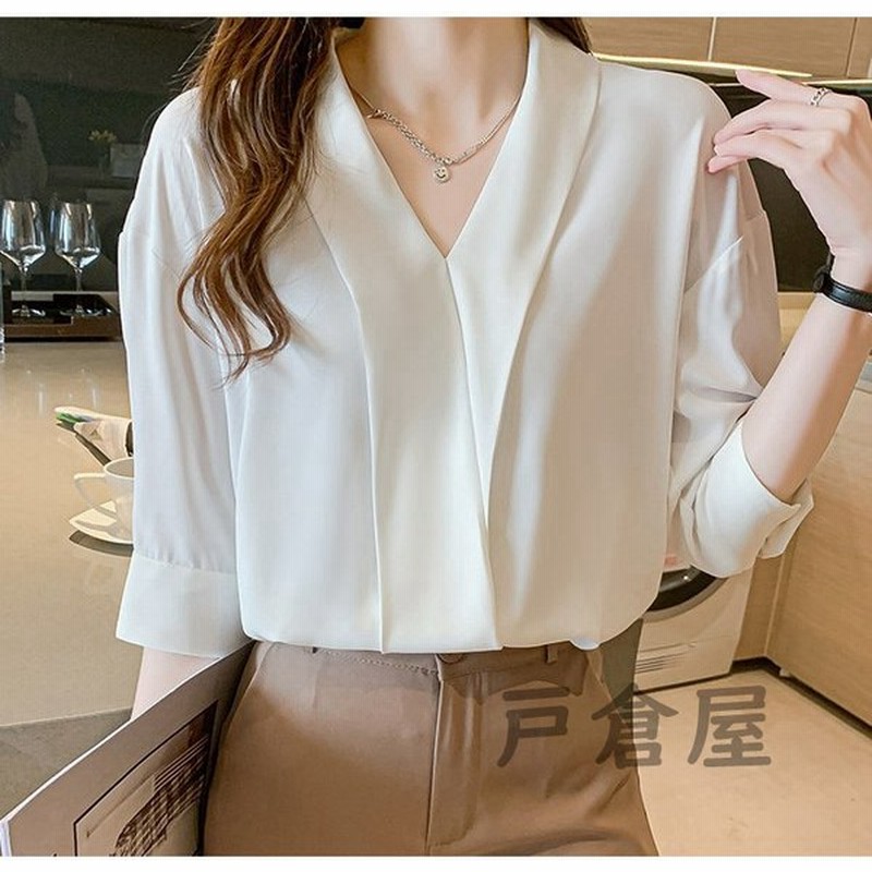 ブラウス レディース 白 オフィス 夏服 おしゃれ 五分袖 21 仕事 トップス シャツ シフォン Vネック 無地 きれいめ 着痩せ 韓国風 大人 上品 通勤 新品 通販 Lineポイント最大0 5 Get Lineショッピング