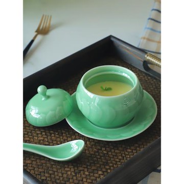 龍泉青瓷蓮花燉盅燉燕窩陶瓷燉盅隔水蒸蛋帶蓋小湯盅酒店餐具擺臺