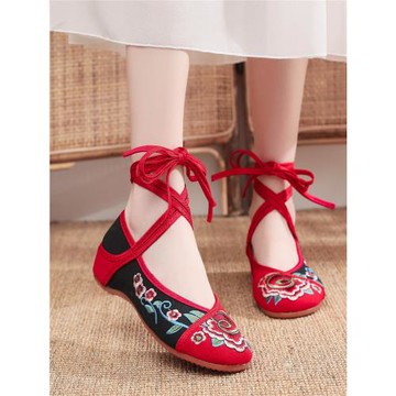 低幫漢服舞蹈搭配鞋復古中國風素雅布鞋老北京綁帶內增高繡花鞋夏