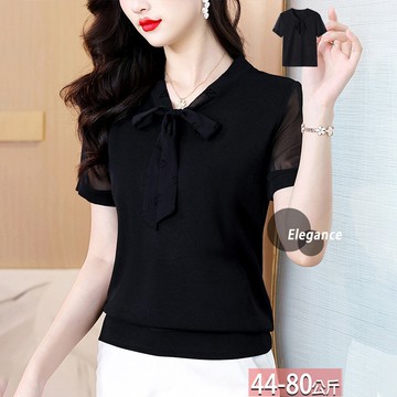 V領純色蝴蝶結繫帶拼接上衣 M-4XL【695530X】【現+預】☆流行前線☆