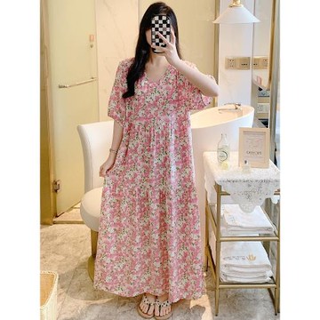 棉綢加長睡裙女夏季薄款大碼中袖連衣裙寬松超長沙灘裙人造棉睡衣