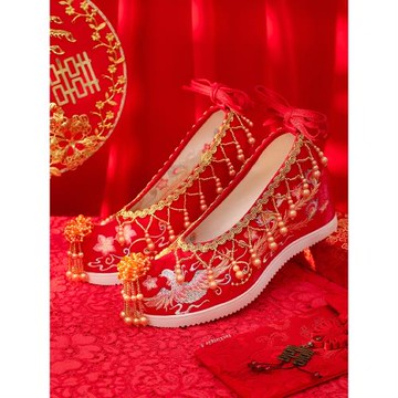 古風紅色婚鞋低跟流蘇串珠原創配古裝漢服鞋子女中式新娘秀禾婚鞋