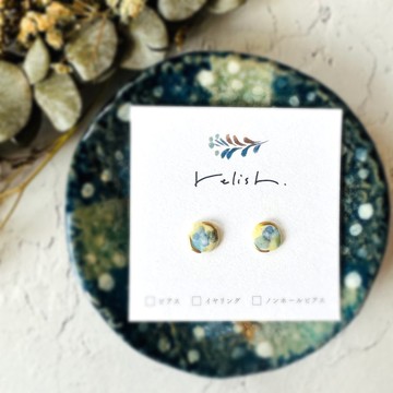 【再販】色彩豐富 金繼 陶瓷 耳環/耳夾/無耳洞耳夾 柔和 方形 綠色 金色 黃色 藍色 水藍 淺藍