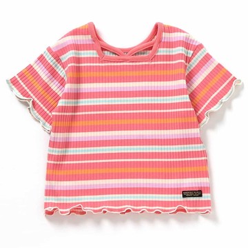 日本 BREEZE - 前後2way線條羅紋短袖上衣-條紋-粉橘