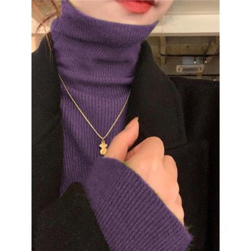 秋冬新款女裝深紫色堆堆高領打底毛衣女內搭修身針織衫葡萄紫上衣
